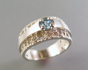 Satin and Lace Blue Topaz Ring, Lacy Topaz Ring, Lacy Wedding Band, Sterling Silver