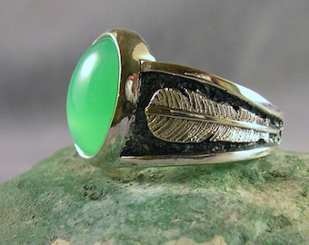 Chrysoprase at Two Feather Bridge Ring, Chrysoprase Apple Green Ring, Sterling Silver