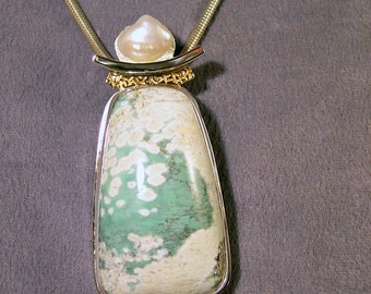 Variscite and Freshwater Pearl Pendant, Sterling Silver, Fine Silver, 14k Gold