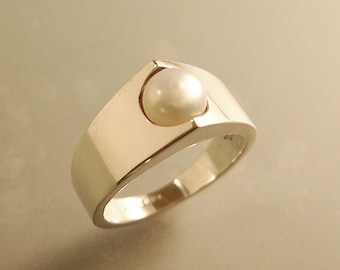 Freshwater Pearl Ring, White Pearl Ring, Contemporary White Pearl Ring,Silver Contemporary Pearl Ring