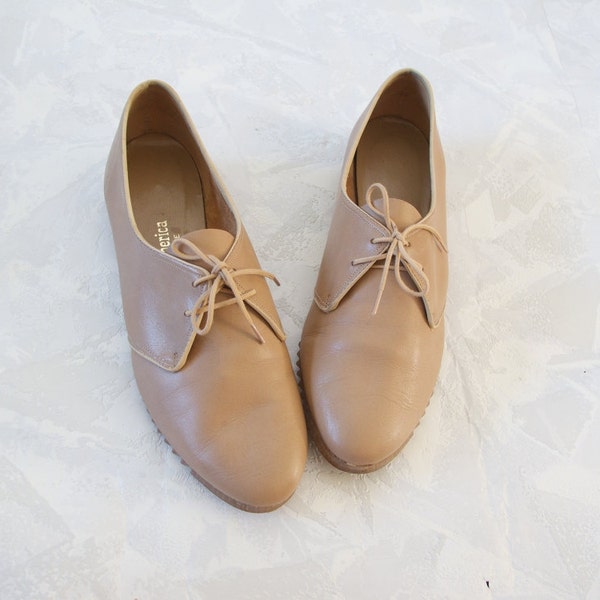 Leather Brogues Oxford Lace Up Flats Camel