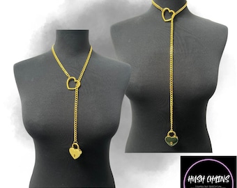 Slip Chain Choker Necklace with Lock + Key, Heart or O-ring! Handmade + Tug Proof! Available in Gold, Black and Silver!