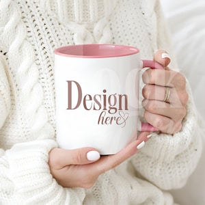 Cozy Pink Handle Mug Mockup: Two Toned Accented 11 oz Coffee Cup, Cute Scene with Woman Holding Mug