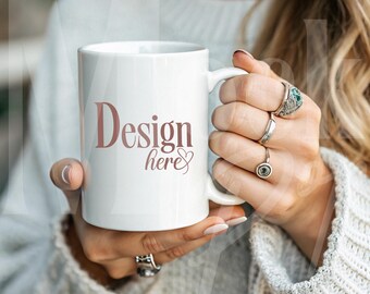 Woman Mug Mockup: 11 oz White Mug, Editable Canva JPG (Digital File)