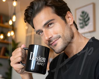 Man Holding Black Mug Mockup: 11 oz Glossy Finish (jpg, png, svg, psd)