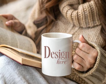 Cozy White Mug Mockup: Woman Reading Template, Bookish Lover Scene (psd, png, jpg, svg)