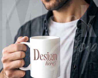 11 oz White Mug Mockup | Manly Mockup for Custom Gift Shop | Easy to Edit Mockup with Person | Branding Mockup | Best Deal! 25%OFF