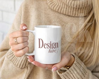 11 oz White Mug Mockup: Woman Holding Ceramic Coffee Cup, Editable in Canva & Photoshop