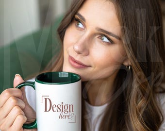 Green Accent Ceramic Mug Mockup | Editable in Canva, Person Holding Mug Template | Time Saving Colorful Mockup for Etsy | Save 25% now!