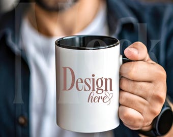 Black Handle Mug Mockup: Two Toned Accented Coffee Cup, Male Model Holding Mug Template