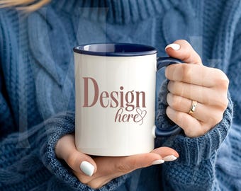 Navy Blue Mug Mockup: Female Holding Coffee Cup, Lifestyle Template (jpg, svg, psd, png)