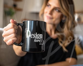 BLACK 11oz MUG MOCKUP With Person | high-quality, easy to edit in Canva | instant Download | Ideal for Etsy Sellers | 30% Off Grab it Now!