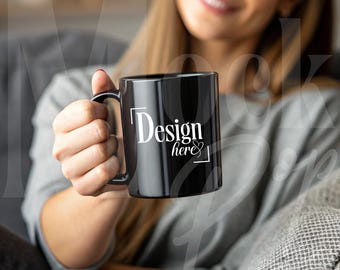 Struggling To Sell? Black 11oz MUG MOCKUP with Person | Editable in CANVA, Realistic Design | for Etsy Sellers | 25% Off, Get Yours Today!