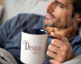 Navy Accent Mug Mockup | Father's Day Mug Mockup, Person Holding Mug | Digital JPG, Editable in Canva | Instant Download - 25% OFF