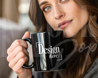 Minimalist Black Mug Mockup | 11oz Dark Coffee Cup | Mockup with Person | Female Mockup | Editable in Canva & Photoshop | PSD Smart Object
