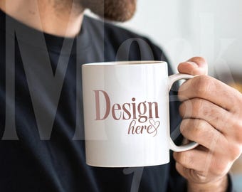 11 oz White Mug Mockup | Ceramic Mug Mockup | Male Model Mockup - Person Holding Mug | Editable in Canva, JPG File | Flash Sale! 25% OFF