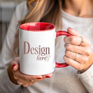 Red Handle Minimalistic Mockup | Woman Mug Mockup 11 oz | Easy to Customize Branding Mockup for Etsy Sellers | Add to Cart Now!