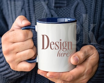 Navy Blue Mug Mockup: Man Hands Holding Two Toned Coffee Cup, Modern Scene (jpg, png, svg, psd)
