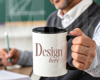 Teacher Mug Mockup: Black Accent 11 oz Mug, Male Model (JPG Digital Download)