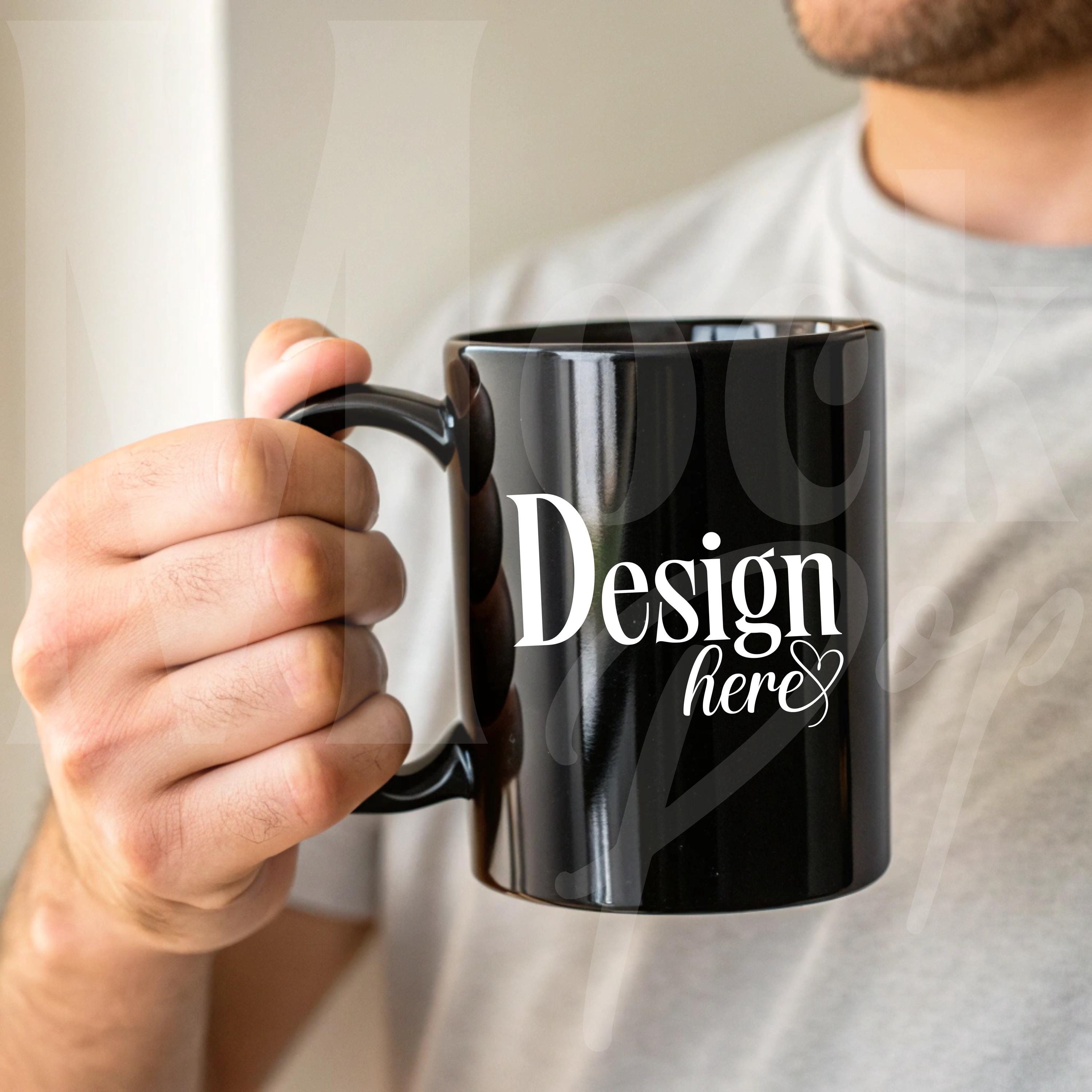 11 oz Black Mug Mockup: Realistic Scene, Editable in Canva/Photoshop (Digital JPG)