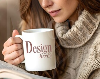11 oz White Mug Mockup: Girly Reading Book Scene, Cozy Neutral Tones Template (Instant Download)