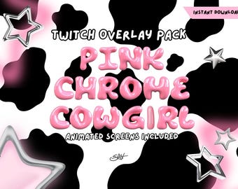 ピンククロームのカウガールTwitchオーバーレイパック（アニメーションTwitchスクリーン4枚付き）