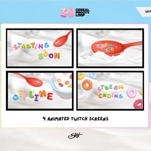 Puede incluir: Cuatro pantallas de Twitch animadas con un tazón de cereal con leche y letras de colores que deletrean "Starting Soon", "Right Back", "Offline" y "Stream Ending".