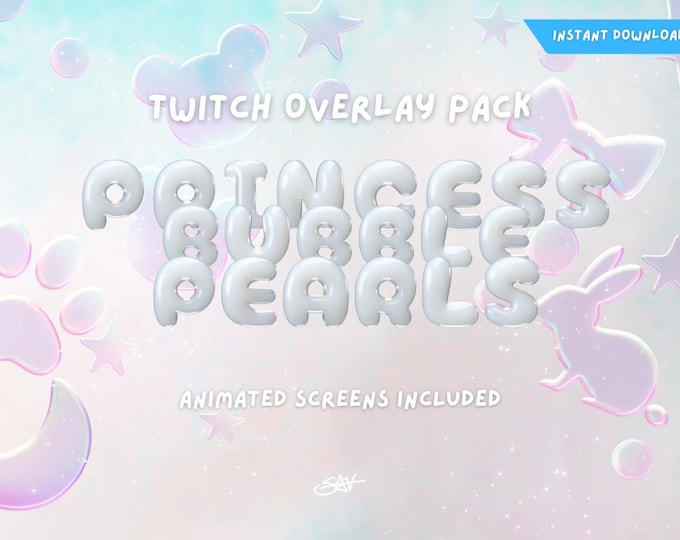 Featured listing image: 3D Princess Bubble Pearls Twitch Overlay Pack w/ 4 Animated Twitch Screens