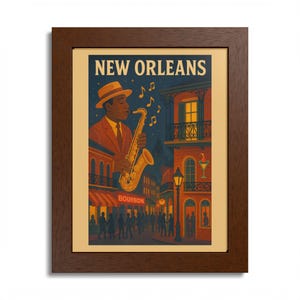 New Orleans Jazz gerahmtes Poster, bunte Wandkunst, Wohnkultur, Musikliebhaber Geschenk, Vintage Stil, Jazz Festival Dekoration