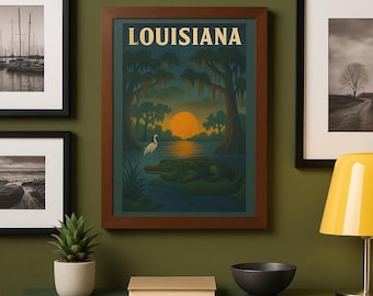 Louisiana Bayou Art Print: Vintage Sunset Alligator & Egret Poster