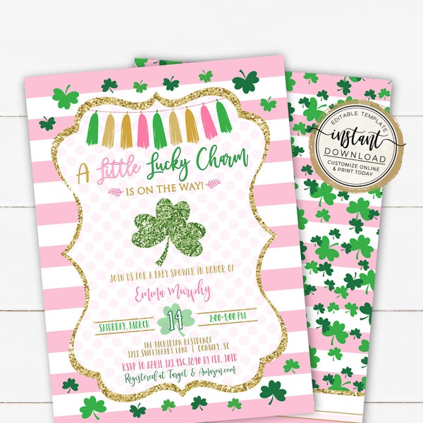 A Little Lucky Charm Baby Shower Invitation, St. Patricks Baby Sprinkle, Irish Baby Shower, Clover Girl  Pink Shamrock, Editable Template