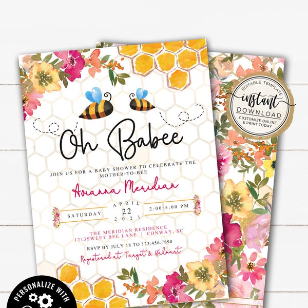 Oh Babee Baby Girl Shower Invitation, Babee Spring Baby Sprinkle Invites, Printable Editable Invite Template, Honey Bee Girl Baby Shower