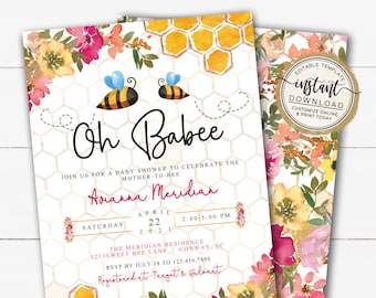 Oh Babee Baby Girl Shower Invitation, Babee Spring Baby Sprinkle Invites, Printable Editable Invite Template, Honey Bee Girl Baby Shower