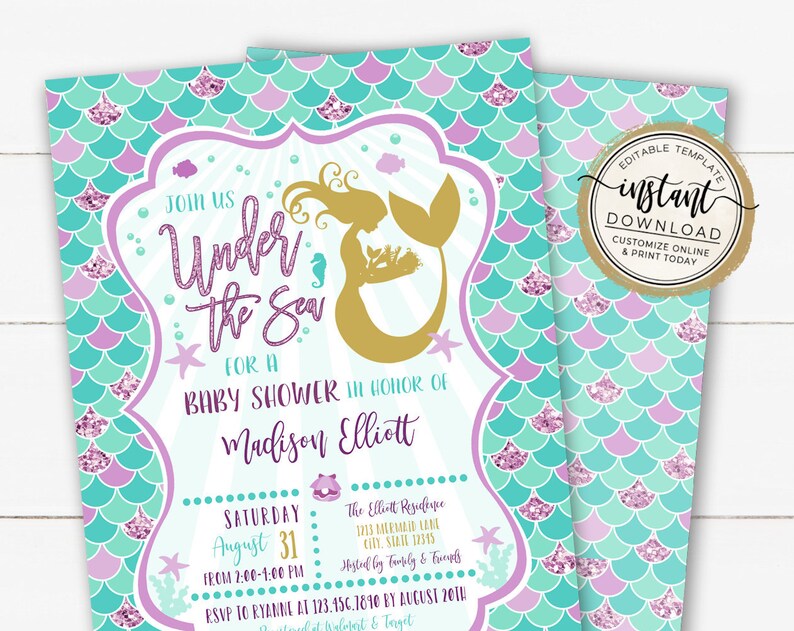 Mermaid Baby Shower Invitation Under the Sea Baby Shower Theme Baby Girl Mermaid Shower Invite Editable Template Purple and