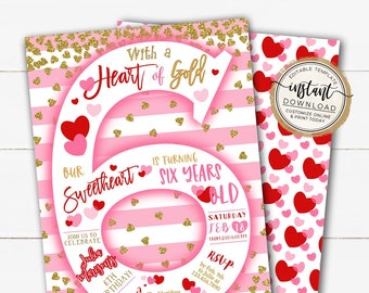 Heart of Gold Birthday Invitation, 6th Birthday for Girl, Turning Six, Valentine Sweetheart, DIY Editable Template, February Invite