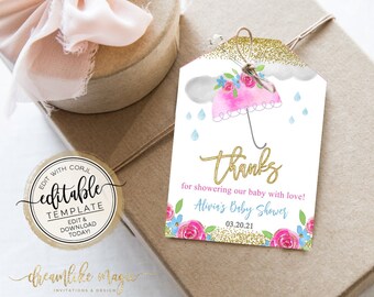 April Showers Bring May Flowers Baby Shower, Spring Favor Tags, Thank You Tags, Girl Baby Shower, Gift Tags Template Download, Editable File