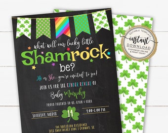 Invito per rivelare il genere irlandese Shamrock, festa per rivelare il genere di San Patrizio, ragazzo o ragazza, festa per rivelare il genere portafortuna, modello modificabile
