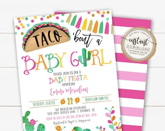 Taco 'bout a Baby Girl Shower Fiesta Invitation, Fiesta Baby Shower Invite, Taco Baby Sprinkle, Editable Invite Template for Baby Shower