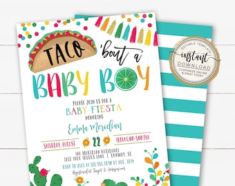 Taco &#39;bout a Baby Boy Shower Fiesta Invitation, Fiesta Baby Shower Invite, Taco Baby Sprinkle, Editable Invite Template for Baby Shower