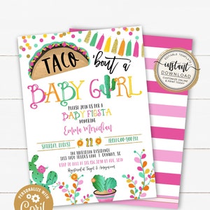 Taco &#39;bout a baby girl shower Fiesta uitnodiging, Fiesta babyshower uitnodigen, Taco baby strooi, bewerkbare uitnodigingssjabloon voor babyshower