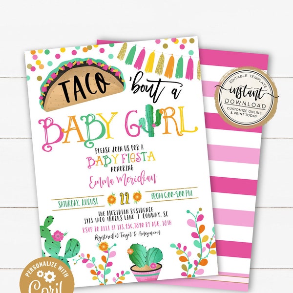 Taco 'über eine Baby-Dusche-Fiesta-Einladung, Fiesta-Baby-Dusche-Einladung, Taco-Baby-Bestreuung, bearbeitbare Einladungsvorlage für Baby-Dusche