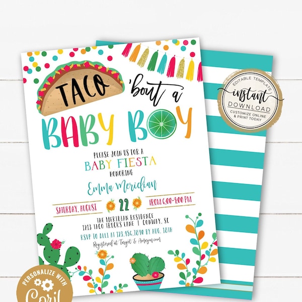 Taco 'bout a Baby Boy Shower Fiesta Invitation, Fiesta Baby Shower Invite, Taco Baby Sprinkle, Editable Invite Template for Baby Shower