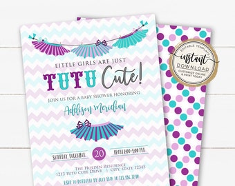 Little Girls are Tutu Cute Baby Shower Invitation, Purple and Teal Baby Girl Shower Invite, Tutu Themed Sprinkle, Editable Template