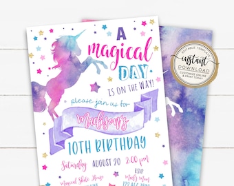 Magical Unicorn Birthday Invitation, Girls Unicorn Party Invites, Unicorn Theme, Magical Party, Printable EDITABLE Instant Download Invite