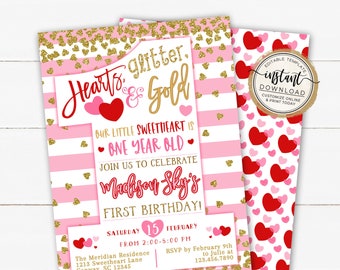 Hearts, Glitter, and Gold 1st Birthday for Girl, Valentine Sweetheart, First Birthday Invitation, DIY Editable Template, February Birthday
