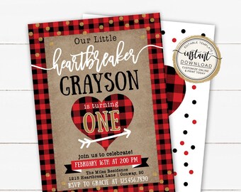 Our Little Heartbreaker Valentines Birthday Invitation, Buffalo Plaid Invites, Boy Sweetheart Invite, Valentine Party, DIY Editable Template