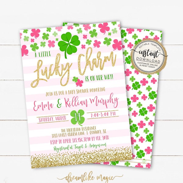 Lucky Charm Shamrock Girl Baby Shower Invitation, Saint Patrick's Day Baby Shower Invite, St. Patty's Baby Shower, Editable Template Evite