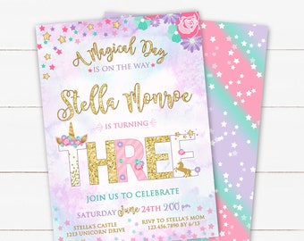 Unicorn 3rd Birthday Invite, Three, Unicorn Third Birthday Invitation, Unicorn Party Invitation, Magical Invitation, Printable Invite