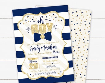 Oh Boy Baby Shower Invitation, Bowtie Baby Boy Shower, Navy and Gold Invite, Bow tie Invite, Baby Boy Invitation, Navy and Gold Glitter, Boy