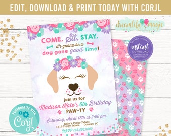 Puppy Birthday Invitation, Time to Paw-ty Invitation, Puppy Adoption Birthday, Doggie Birthday Party, Girly Dog Party, Instant Download